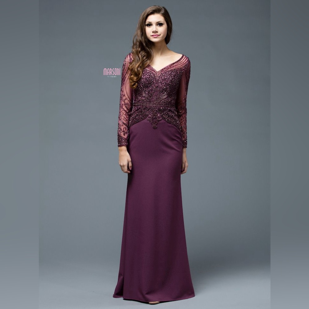 Marsoni Purple Embellished Long Sleeve Gown